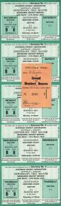 1977 CENTENARY TEST: Five strips of 5 Reserved Seat tickets, one for each day of the Centenary Test, Australia v England at MCG, on 12th-17th March; also pass for 1980 Australia v West Indies 3rd Test at Adelaide Oval. (Total 26 items).