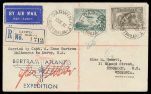 1932 (Dec) Bertram Atlantis Expedition cover with "propellor" cachet at lower-left, carried from Melbourne to Darwin where registered for return to Victoria, signed by the pilot "Hans Bertram". Ex John Sussex.