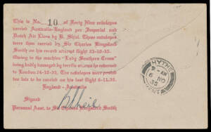 1935 (Oct 23) GB-Italy-GB-Australia per "Lady Southern Cross" AAMC #545) flown by Charles Kingsford Smith and Tommy Pethybridge but the flight was aborted over Italy, and the plane returned to England from where the covers were subsequently re-sent to Aus