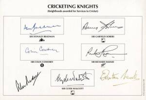 TEAM SHEETS: Collection of team sheets & autograph pages, noted "Cricketing Knights" (7 signatures including Don Bradman & Gary Sobers); "Batsmen Scoring 300 Runs In & For England 1940-1990"; 1953 Australia; c1964 Australia. Some team sheets with facsimil