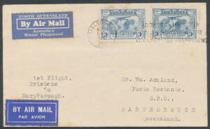 AIRMAIL LABELS: 1931 Qantas white/blue vignette 'By Air Mail/North Queensland/Australia's Winter Playground' full strip of 8 AAMC #202c together with the booklet front cover and a single example used on flown cover from Melbourne, endorsed "1st Flight Bri