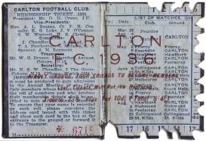 CARLTON: Member's Season Ticket for 1936, with fixture list & hole punched for each game attended. Fair/Good condition.