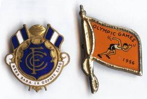 CARLTON: Carlton badge made by K.G.Luke; plus 1956 Olympics tin badge.