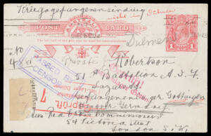 Covers (3) & KGV 1d Postal Cards x2 all to Australians known to be POWs at Cassel (2, both with large circular camp cachet), Crefeld, D&uuml;lmen or Gottingen, the last forwarded to D&uuml;lmen, various British & German cachets, also a stampless PPC from Switzerlan