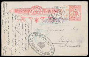 1915 usage of 1d Roo Postal Card with three different Prisoner of War handstamps in green, to West Sumatra but apparently missent to GB where superb 'PRISONERS OF WAR/[crown]/INFORMATION BUREAU' cachet applied, unusual usage of LONDON WC OFFICAL PAID' cds