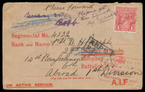 1916 red/buff envelope with 'Infantry Brigade' on the third line & '(Use this line for any extra units.)' towards the base, KGV 1d red tied by 'ASCOT VALE/4JL16/VIC' cds & manuscript "Please get this signed by officer", boxed 'ABPO/MISSING' h/s and rounde