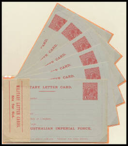 LETTER CARDS - "MILITARY": ditto, 1d carmine on grey surfaced stock #LCM1 a complete pack of 6 with the Post Office band inscribed 'MILITARY LETTER CARDS/Six for 6½d', unused, Cat $3000+. Ex Tony Finlayson. Very rare in this format, and a wonderful exhibi