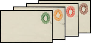 ENVELOPES: 1928 KGV Oval ½d orange, 1d green, 1½d red & 2d brown BW #EP29 30 31 & 33, CTO with part-'GPO/-DE28/ MELBOURNE' cds (struck off the envelope, as always), Cat $1100. Under-rated and superb! [These were Post Office emissions, printed only for UPU