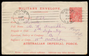 ENVELOPES - "MILITARY": 1916 (Mar) First Issue 'AUSTRALIAN IMPERIAL FORCE.' 1d #ME1 with space between 'Regimental' & 'Number' = 2-3mm & address lines with 9&frac12; Dots per 10mm, Sydney machine cancel of OC26/1916, endorsed "Hosp/14.12.16", Cat $450.