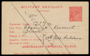 ENVELOPES - "MILITARY": 1916 (Jul) Second Issue 'AUSTRALIAN IMPERIAL FORCE.' Reset Text with First Address Line 19mm Below the Printer's Rule 1d #ME2 on unsurfaced greyish stock addressed but with "Australia" endorsed across the face & unused, light verti