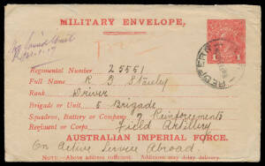ENVELOPES - "MILITARY": ditto, 1d #ME2 on unsurfaced greyish stock, minor blemishes on the reverse, 'REDFERN/13NO16/NSW' cds, endorsed "Not Joined Unit/21.1.17" but then "Found" in red, very minor blemishes, Cat $2000. The ACSC doesn't list this stock. [