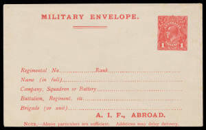 ENVELOPES - "MILITARY": 1916 (Sep) Third Issue 'A.I.F., ABROAD.' First Setting with 25mm Thick & Thin Printer's Rules below Heading 1d on Laid Stock and Second Setting with 27mm Two Thick Printers Rules 1d on Laid Stock #ME3A & 4A, a couple of very minor 