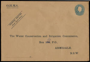 ENVELOPES - STAMPED TO ORDER: 1960 5d light blue as BW #ES98 but 227x155mm with printed 'OHMS' & 'PRINTED MATTER/(Post Card Only)' at upper-left & address of the NSW Water Conservation & Irrigation Commission, unused. A most unusual size; most unusual Pri