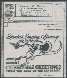 AEROGRAMMES: 1943 Qantas Christmas airgraph with illustration of Kangaroo Santa that was the inspiration for the 1944 7d Air Letter with a similar design printed within.