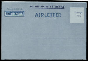 AEROGRAMMES - OFFICIAL: 1952 First Issue with 'Postage/Paid' at Upper-Right BW #AO1B, unused, Cat $150. [The ACSC states "A small quantity were distributed in error without the 'SPECIMEN' handstamp"]