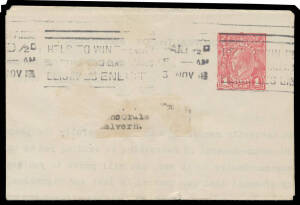 LETTER SHEETS - STO: 1918 (Sep) KGV 1d red Die 1 with '1' under the flap BW #LSS5 uprated for the war tax with Melbourne 'PAID &frac12;D' slogan cancel of 3NOV18, the address label partly removed (as is often the case), Cat $2000. [The roneo'd letter dated 'Sept