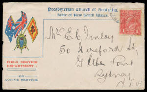 Attractive group of illustrated envelopes for Home Mission Society & Presbyterian Church in NSW both used within NSW with 'LIVERPOOL MILITARY CAMP' or part 'HOLDSWORTHY CAMP' cds; fine Church of England Chaplain's Department cover to England with very fin