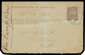 MILITIA: 1911 covers to Ross Camp (Tas) from Ross & Stowport and usage of Fullface 1d Letter Card with message headed "Camp Ross" & triple-circle 'MILITARY CAMP/MAR 25 Sent/TASMANIA' cds in blue; 1913 Exemption from Training lettersheet used in South Aust