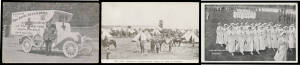 MILITARY CAMPS: Picture postcards of "Frasers Paddock" (Enoggera) Qld, real photo; HM Baily "Claremont Camp near Hobart" real photo; "The First Australian Expeditonary Force in Camp in Victoria" & "YMCA Soldiers Club/A Corner in the Gardens" St Kilda Road