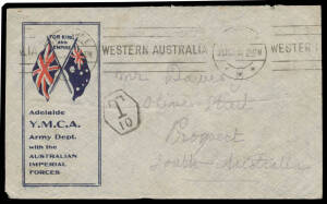 FIRST CONVOY: Bagged cover cancelled & taxed on arrival at Melbourne with the letter headed "SS Katuna" (A13); Adelaide YMCA illustrated cover with Fremantle machine & incorrectly with 'T/10' h/s intended for use on overseas mail, from either "Ascanius" o