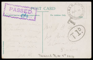 FIRST CONVOY: Western Australian PPC ("Mount Clarence, Albany") with Albany cds of 28OC14 & 'T' h/s plus superb strike of the rare fancy-framed 'PASSED/...' handstamp in violet, to Adelaide where 'T1D' h/s applied.