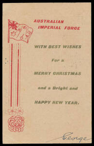 FIRST CONVOY: Use of Australian 1d Kangaroo Postal Card with AIF Christmas & New Year greetings printed in red & gold on the reverse, to Sydney with arrival cancel of DE7-1914, minor creasing. [The First Convoy started arriving in Egypt from 2.12.1915. Th