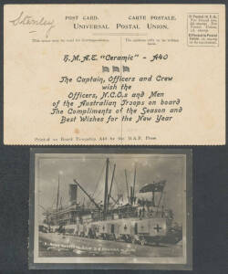 SECOND CONVOY: Picture postcards of the ships comprising "Berrima" (A35, to Tasmania with manuscript "1d To Pay", and to Adelaide with 'T1D' h/s & very late irregular usage at the GPO of Diamond-Numeral '64'), "Ulysses" (A38, used later in the War), "Cera
