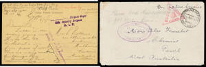 CACHETS IN LIEU OF CENSOR CACHETS: Group of mostly postcards with cachets comprising large boxed 'BASE DETAILS PO/...' in blue, 'AUST IMP FORCE/FREE/INTER BASE' & 'AIF/FRANKED/ON ACTIVE SERVICE' with mss "DB Blackwood/(Capt AIF)"; Officers' Handstamps '..