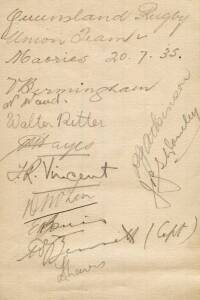 1935 QUEENSLAND v MAORIS, autograph pages (2) with on one side Queensland Rugby Union Team with 19 pencil signatures including G.Bennett, P.Vincent & V.Birmingham; on reverse Maori Touring Team with 28 signatures including G.Nepia, W.G.Phillips, J.Hemi & 