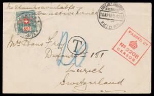 BRITISH CENSOR CACHETS: 1915 (Apr 18) OAS cover with very fine 'AUST & NZ ARMY CORPS/HEADQUARTERS/FIELD PO' cds & superb boxed Censor No 2208 h/s in rosine, to Switzerland with Zurich arrival b/s, superb 'T' h/s & mss "20" in blue, Swiss Postage Due 20c t