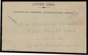 BRITISH CENSOR CACHETS: 1915 (Apr 21) usage of stampless 'LETTER CARD/AUSTRALIAN IMPERIAL EXPEDITIONARY FORCE' to Perth without a datestamp, boxed Censor No 2214 h/s in rosine. A rare item. [From a member of the 3rd Infantry Brigade who states "...the bat
