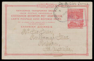 BRITISH CENSOR CACHETS: 1915 (Nov 2) unusual usage of a Greek 10L Postal Card with Censor No 2882 h/s of a British unit counter-signed "JL Anderson" & slightly overstruck with British Army Post Office cds (number illegible), minor blemishes. A marvellous 