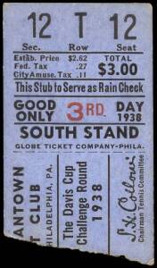 TENNIS GROUP, noted&nbsp;rare ticket for 1938 Davis Cup Challenge Round USA v Australia played in Philadelphia;&nbsp;c1950s-60s postcards/photos sold at Wimbledon (9), comprising Ken Rosewall, Ashley Cooper, Neale Fraser, Fred Stolle, Frank Sedgman, John Newcombe, 