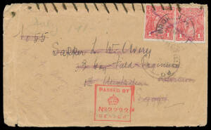 "OCCUPATION": 1915 (May) Silverton Tramway Co cover from Broken Hill to Sapper LW Avery in Egypt from where sent to Gallipoli, the postage crossed through, the original opening at the top stitched with green yarn (!) & the cover re-addressed to the sender