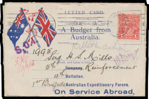 "OCCUPATION": 1915 (Aug) opened-out cover & (Sep) illustrated "A Budget from Australia" Reply Letter Card - the 1d stamp has either been moved or doesn't belong - both to Sgt HS Mills in Egypt, both endorsed "Killed in Action" & with superb 'S.O.I.' (= Se