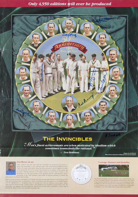 SIGNED ITEMS: Poster for The Invincibles 50th Anniversary plate with 8 signatures including Bill Brown, Arthur Morris, Neil Harvey & Sam Loxton; "Australian Legends - Sir Donald Bradman" FDC signed by Don Bradman; 1999 Colonial Classic tennis poster with