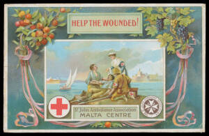 CASUALTIES: 1915 undated St John Ambulance chromolitho PPC of a nurse attending to wounded soldiers, message headed "Imtarfa Hospital Malta", to South Australia with superb large-part 'ON ACTIVE SERVICE/ + /MEDTN' cachet in violet, minor bends. Gorgeous! 