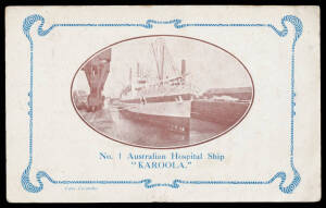 EVACUATION and REPATRIATION: 1916 HW Cave PPC of "No 1 Australian Hospital Ship/Karoola" from a wounded Australian soldier to England.