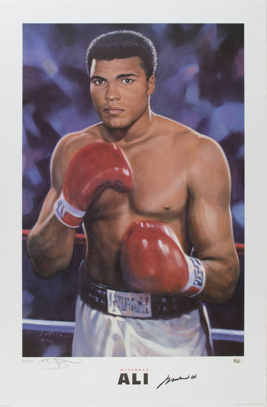 MUHAMMAD ALI: Print "Muhammad Ali" by Mark Sofilas, signed by Muhammad Ali and the artist and numbered 63/250, size 59x89cm. With 'Online Authentics' No.OA-7303681.