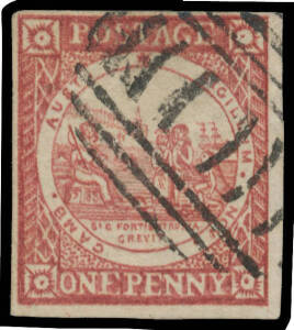 1850-51 Sydney Views - ONE PENNY: Plate I (No Clouds) on Soft Yellowish Paper 1d carmine SG 2, margins close to large, superb bars cancel of Sydney, Cat £500. Superb!