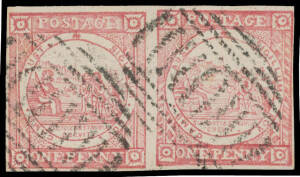 1850-51 Sydney Views Plate I (No Clouds) on Soft Yellowish Paper 1d reddish rose SG 3 horizontal pair [19-20], margins close to good, neat bars cancels of Sydney, Cat £950+. Ex Baron de Ferrary.