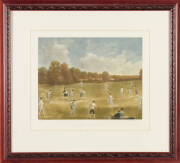 CRICKET PRINT, "A Cricket Match in Mary-le-Bone Fields, 1740" by Lawrence Josset (1910-95), after a painting by Francis Hayman (1748), signed by the artist and numbered 114/375, window mounted, framed & glazed, overall 79x72cm.