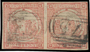 1850-51 Sydney Views Plate I (No Clouds) on Hard Bluish Paper 1d pale red SG 5 horizontal pair [12-13], margins close to good, BN '75' (rated RR) of Jerry's Plains, Cat £950+. BPA Certificate (1980).