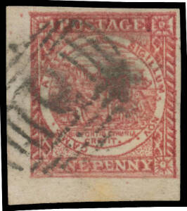 1850-51 Sydney Views Plate II (Clouds) on Hard Toned White to Yellowish Paper 1d dull carmine SG 8 [21], corner example with margins good to huge, untidy BN '9' (reversed) of Bathurst, faint stain at the base, Cat &pound;375. Ex Guy Hutson.