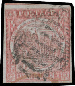 1850-51 Sydney Views Plate II (Clouds) on Bluish Paper 1d dull carmine SG 11 with Pronounced Double Impression, margins close to large with a fragment of the adjoining unit above, bars cancel of Sydney, Cat £375+. RPSofL Certificate.