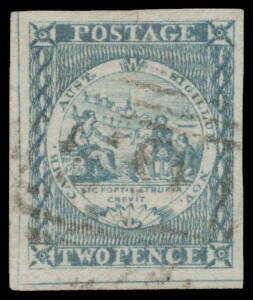 1850-51 Sydney Views TWO PENCE: Plate I (Vertically Lined Background) Early Impressions 2d greyish blue SG 15, margins good to large with outer framelines at base & left, light BN cancel, Cat &pound;550.