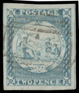 1850-51 Sydney Views Plate I (Vertically Lined Background) Intermediate Impressions 2d greyish blue SG 16b, large even margins with outer frameline at right, light & indistinct numeral cancel, Cat &pound;325. Superb!