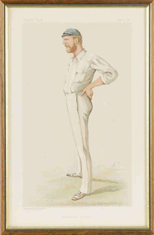 'VANITY FAIR' CRICKET PRINT: "Australian Cricket" (George Bonnor) by Ape (Carlo Pelligrini), colour lithograph, published Sept 13 1884, framed & glazed, overall 27x40cm.