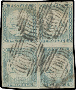 1850-51 Sydney Views Plate I (Vertically Lined Background) Later Impressions with Much Detail Lost 2d greyish blue SG 17 block of 4 [6-7/18-19], margins clear to large except at upper-left where just shaved, 10mm closed tear into the base of the third uni