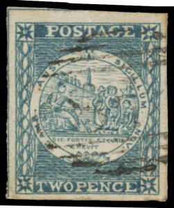 1850-51 Sydney Views Plate II (Horizontally Lined Background) Early Impressions 2d indigo with No Whip SG 21e, margins good to large with outer framelines at top & left, light numeral cancel clear of the variety, Cat &pound;475.